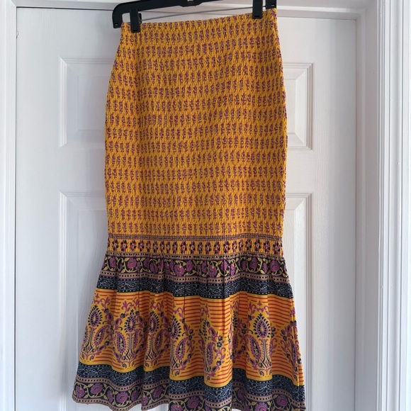 J.CREW Smocked Sunny Yellow Block Print Bodycon Midi Skirt S - Picture 7 of 10